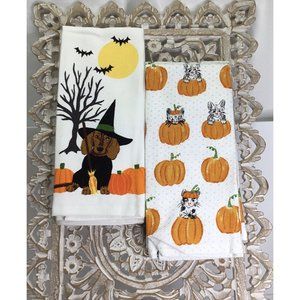 2 Halloween Kitchen Towels Halloween Dog,2 Pumpkin Cat.